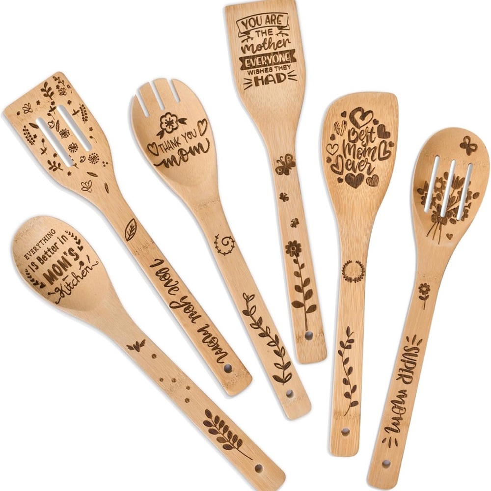 Mother’s Day Gift Bamboo Kitchen Utensil Set Engraved Wooden Cooking Spoons FC7